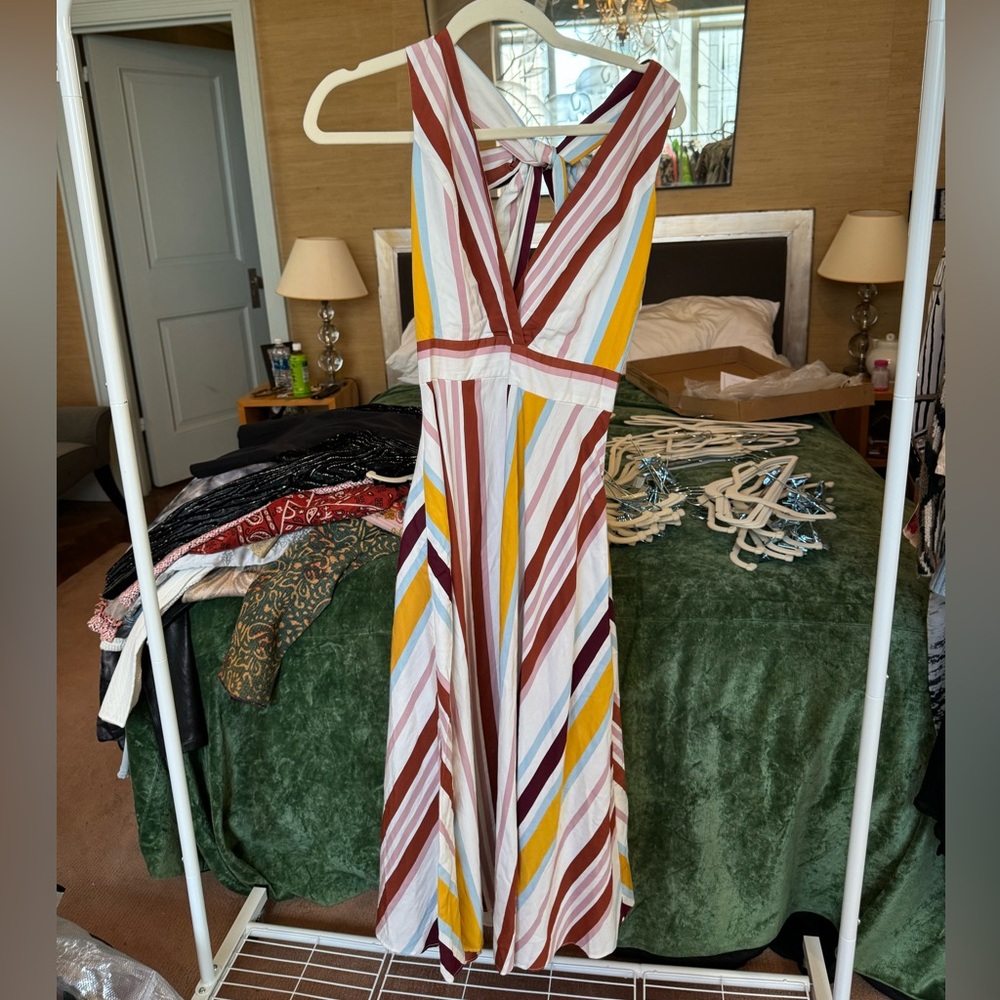 TRF Collection Striped Tropical Midi Halter Dress with Bow